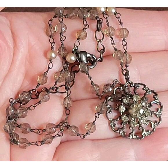 VTG Dainty Rhinestone Faux Pearl Gun Metal Victorian Revival Pendant Necklace - Picture 7 of 7